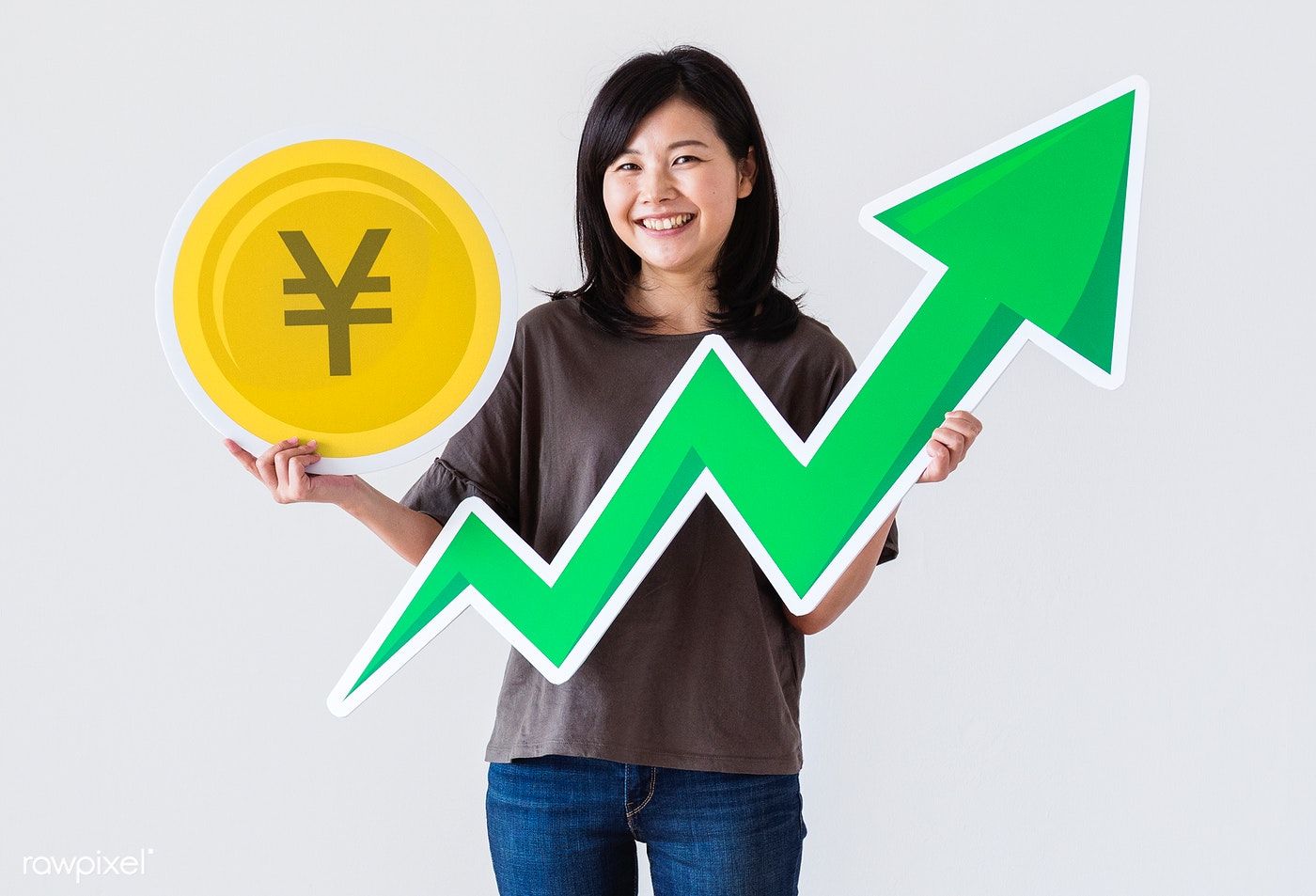 1400x953 Download Premium Image Of Happy Asian Woman Holding A Japanese Yen