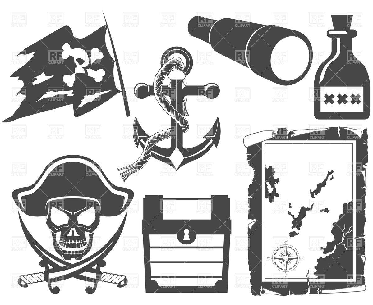 Pirate Black And White Icon Set With Jolly Roger Vector Image 1200x982 Pirate Black And White Icon Set With Jolly Roger Vector Image