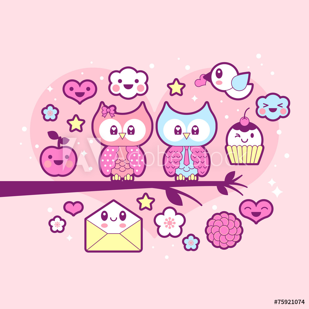 1000x1000 Fotografering, Billede Valentine's Day Kawaii Icon Set With Cute