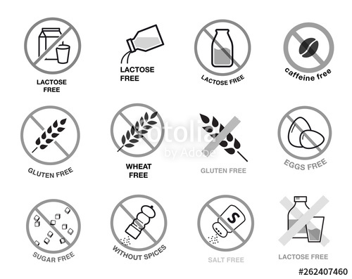 500x397 Lactose Free, Gluten, Wheat, Sugar And Salt Free Icons A Set