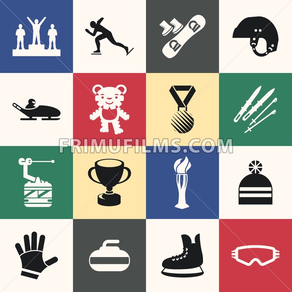 600x600 Digital Vector Winter Games Objects Color Simple Flat Icon Set