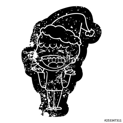 500x500 Cartoon Distressed Icon Of A Laughing Man Wearing Santa Hat Stock