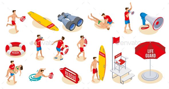 590x312 Beach Lifeguards Isometric Icons