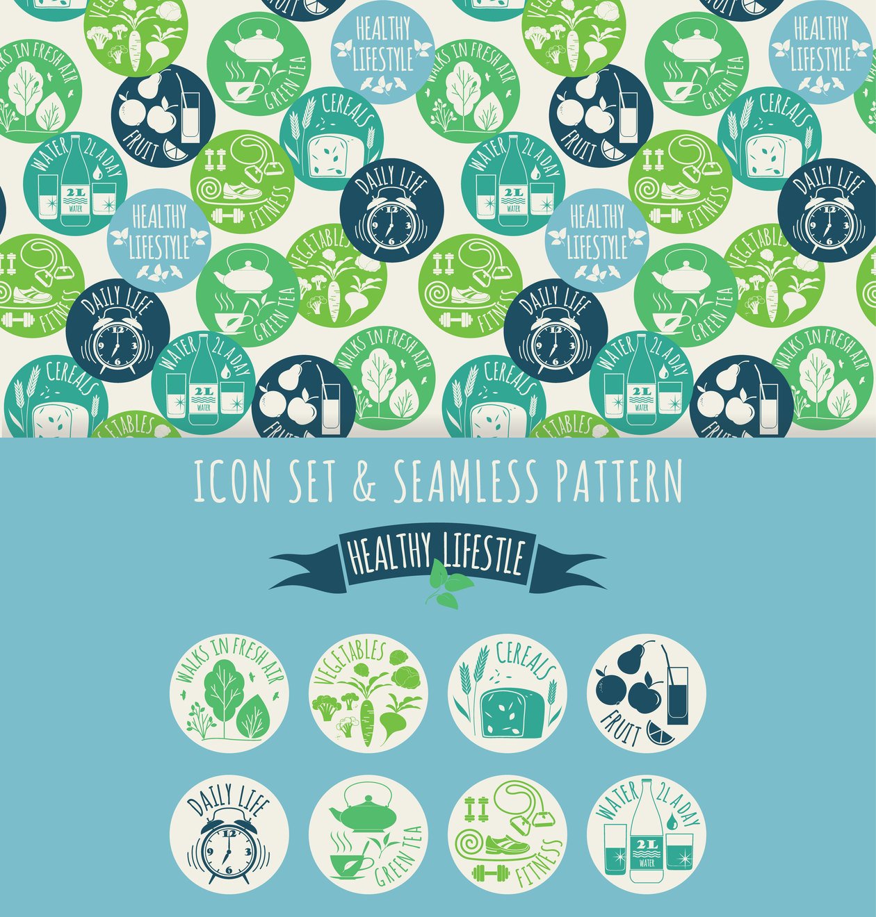 1260x1320 Healthy Lifestyle Icon Set And Seamless Pattern
