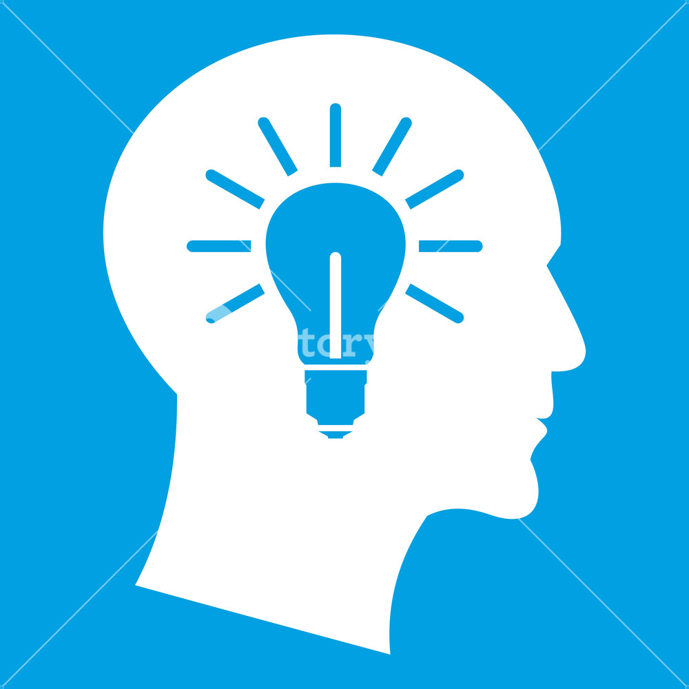 1000x1000 Light Bulb Inside Head Icon White Isolated On Blue Background