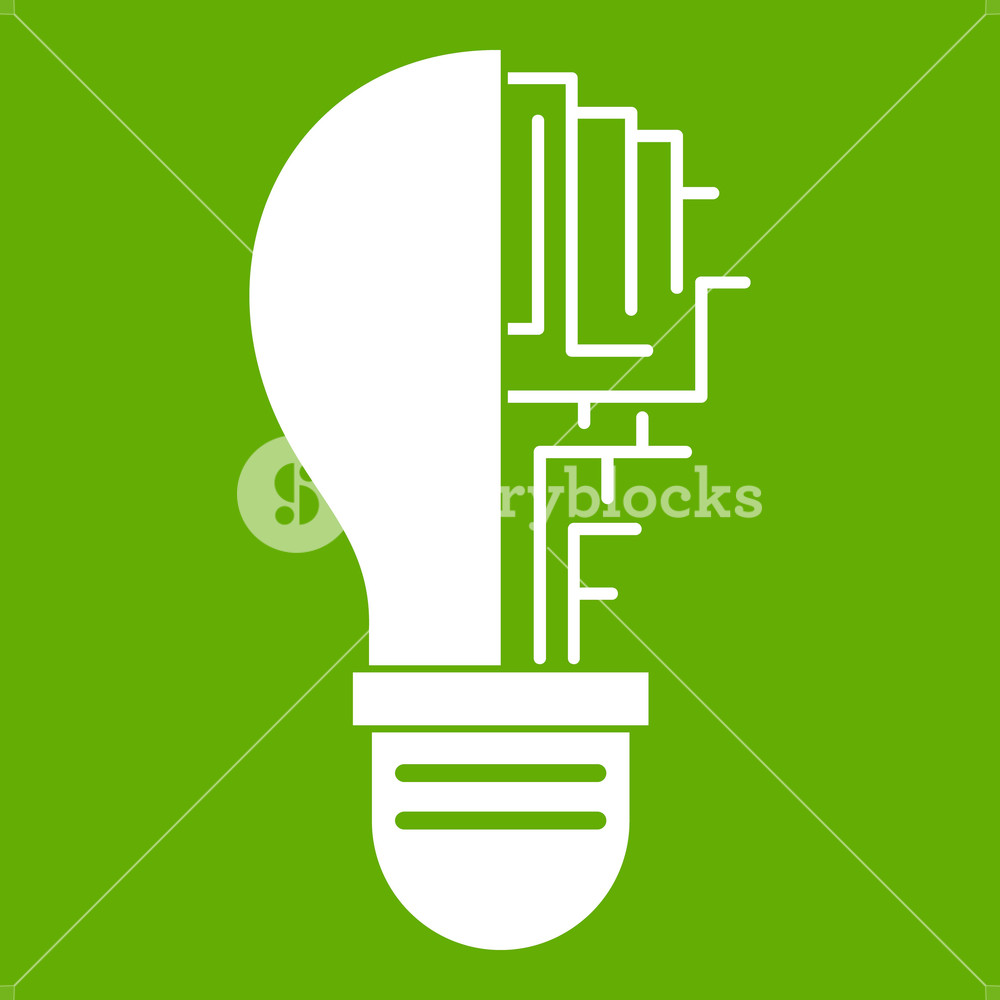 1000x1000 Circuit Board Inside Light Bulb Icon White Isolated On Green