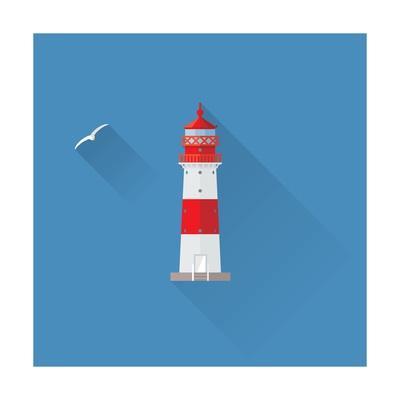 400x400 Flat Design Long Shadow Lighthouse Icon On Blue Art Print