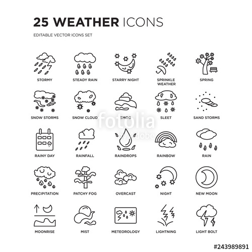 500x500 Set Of Weather Linear Icons Such As Stormy, Steady Rain, Starry