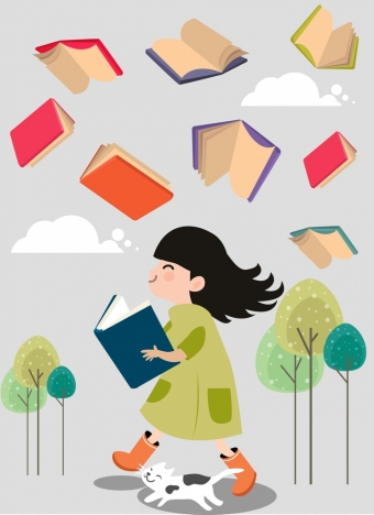 340x468 Learning Background Books Little Girl Icons Colored Cartoon