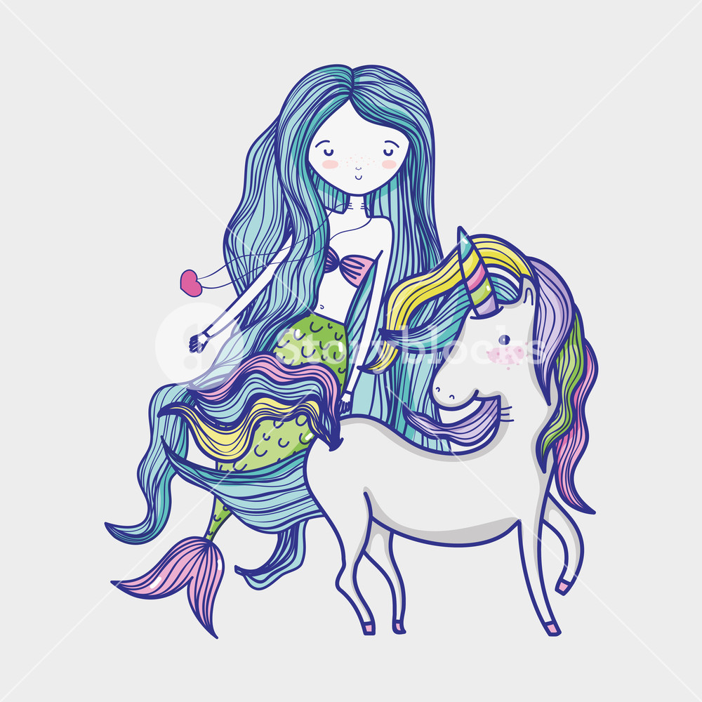 1000x1000 Little Mermaid With Unicorn Art Cartoon Icon Vector Illustration