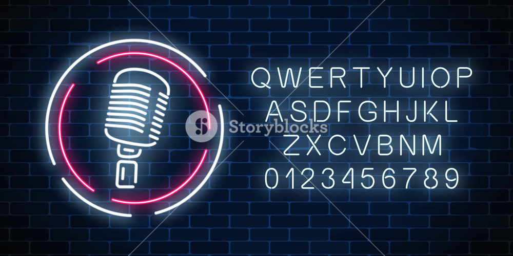 1000x500 Neon Signboard With Microphone In Round Frame With Alphabet