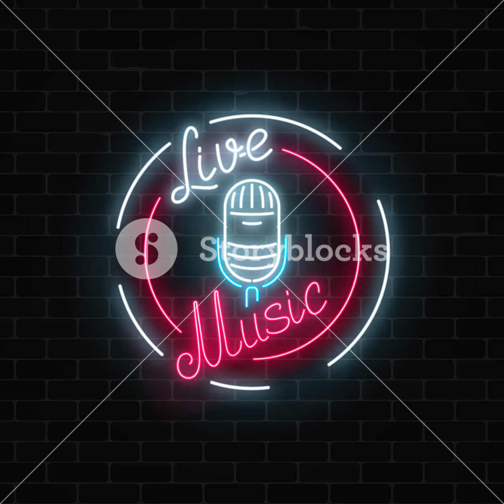 1000x1000 Neon Signboard With Microphone In Round Frame Nightclub With Live