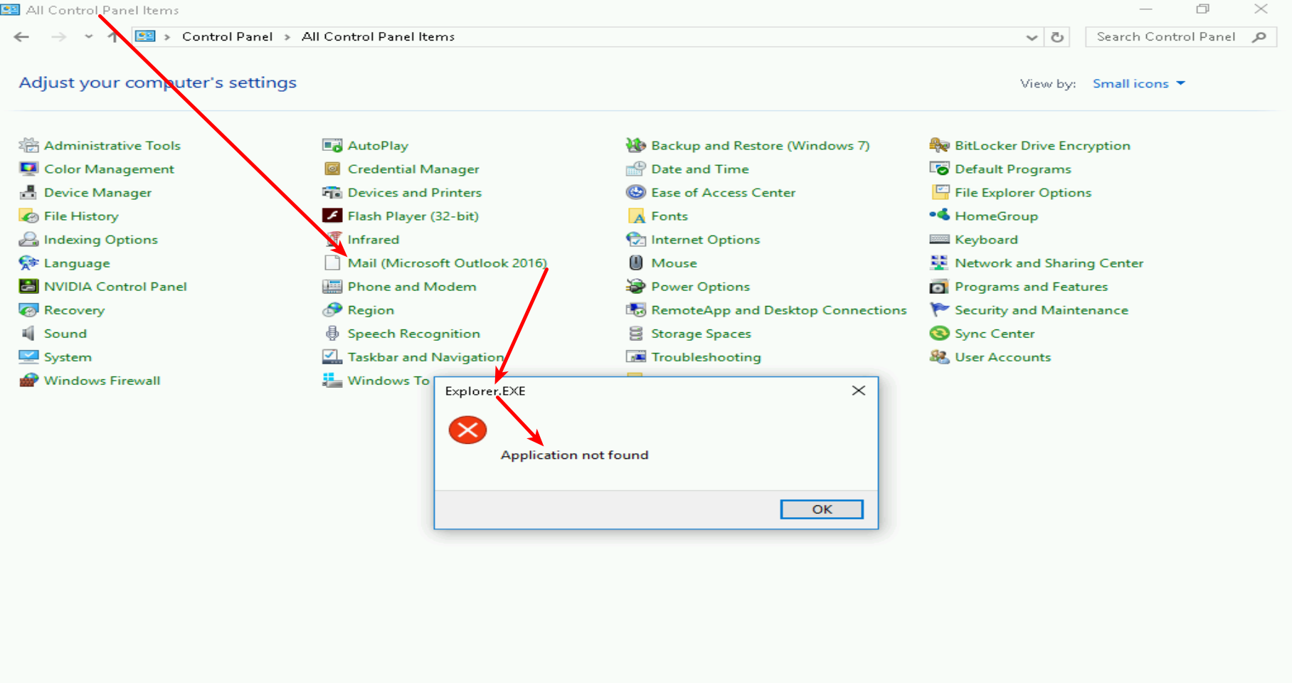 1816x960 Windows Gt Control Panel Gt Mail Gt Explorer Exe Gt Appliction Not