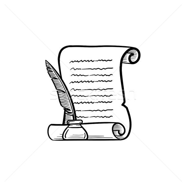 600x600 Manuscript Paper With Feather Pen Hand Drawn Icon Vector