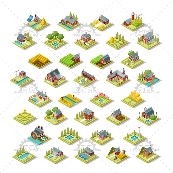 690x690 Isometric Building City Map Farm Icon Set Vector Illustration