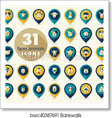 362x382 Farm Animals Flat Pin Map Icon Set Vector Head, Art Print