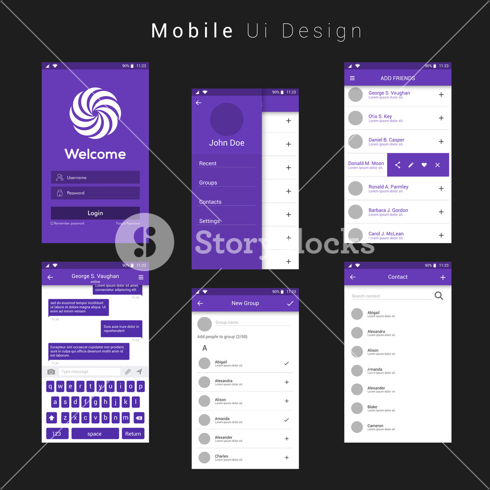 1000x1000 Material Design Ui, Ux, Gui Screens With Flat Web Icons For Mobile