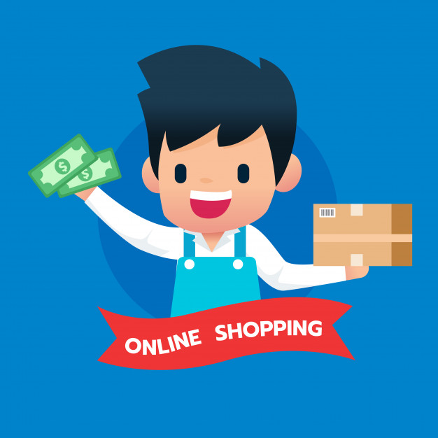 626x626 Happy Man Merchant With Goods Box And Money Icon Vector Premium