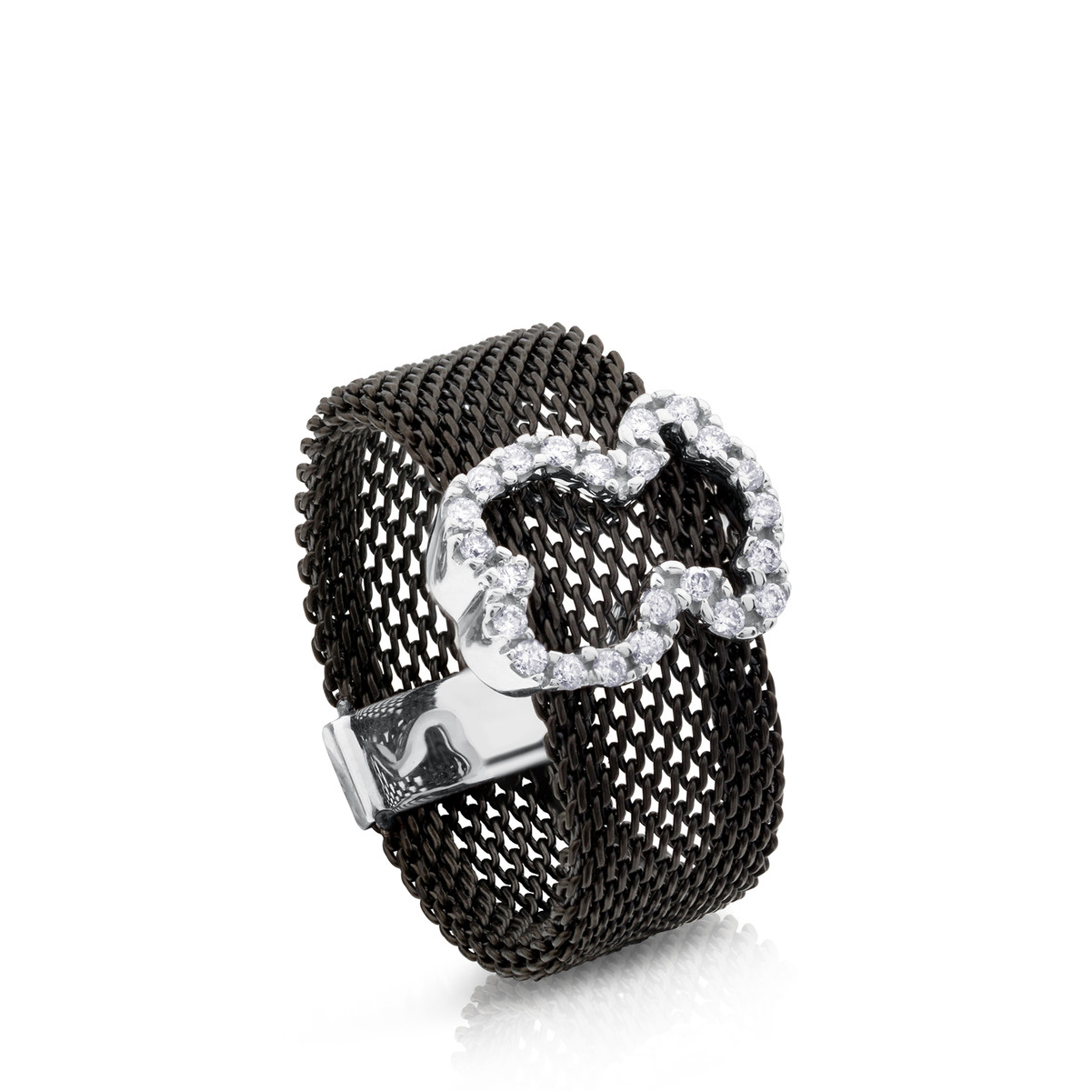 1200x1200 Steel And White Gold Icon Mesh Ring With Diamonds
