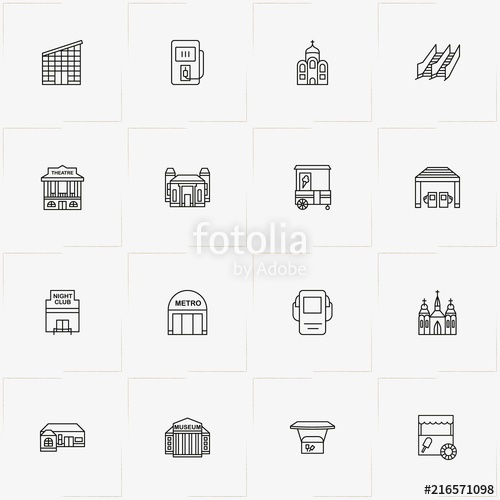 500x500 City Building Line Icon Set With Church Metro Station And Museum