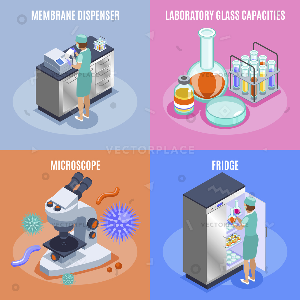 Four Square Isometric Microbiology Icon Set Vector Illustration 1000x1000 Four Square Isometric Microbiology Icon Set Vector Illustration