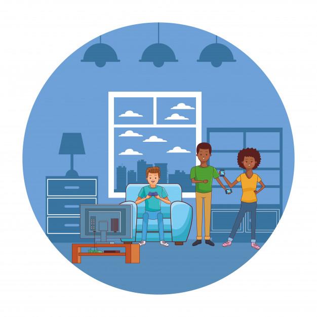 626x626 Millennial People Gaming Party Inside Home Round Icon Vector