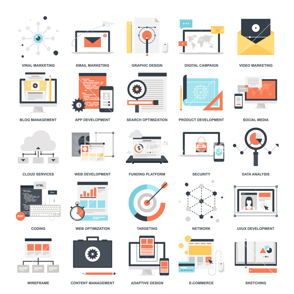 1000x1000 Vector Set Of Seo And Development Flat Web Icons Illustration