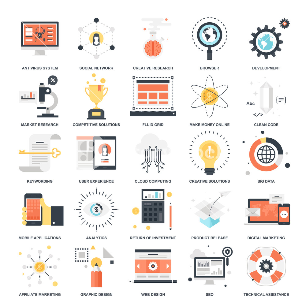 1000x1000 Vector Set Of Seo And Development Flat Web Icons Illustration