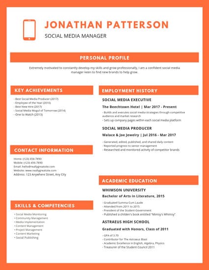 Orange Phone Icon Modern Resume 425x550 Orange Phone Icon Modern Resume