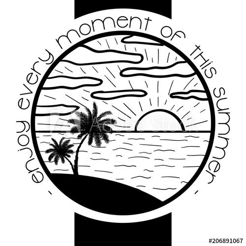 500x500 Vector Image Of The Landscape Of The Sea, Palms And Sun In A Round