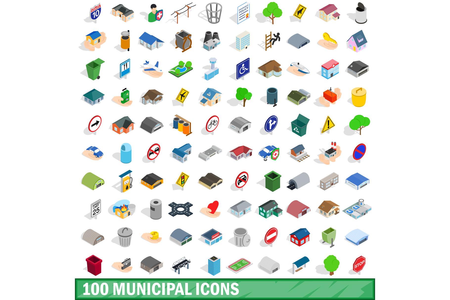 1820x1214 Municipal Icons Set, Isometric Style