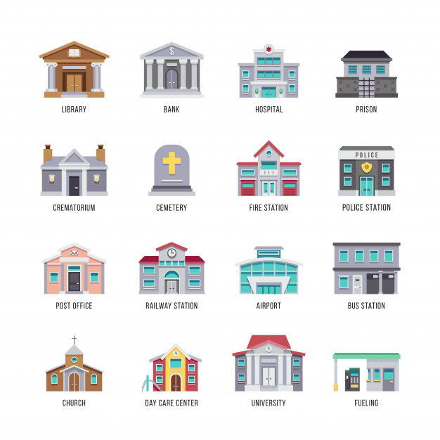 626x626 Municipal City Buildings Library, Bank, Hospital, Prison Icon Set