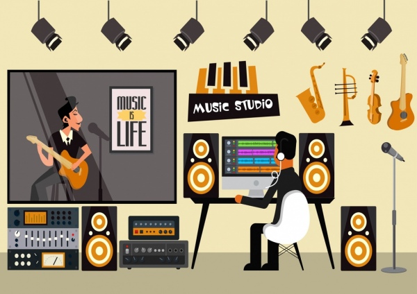 600x424 Music Studio Background Men Instruments Icons Cartoon Design Free