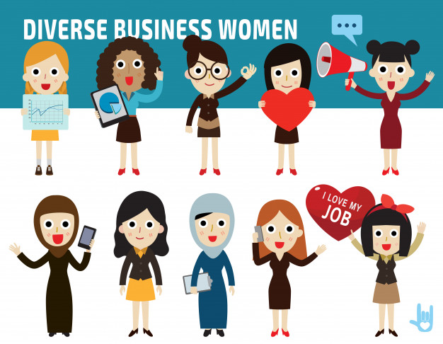 626x486 Set Nationality Difference Poses Of Business Women Flat Cartoon