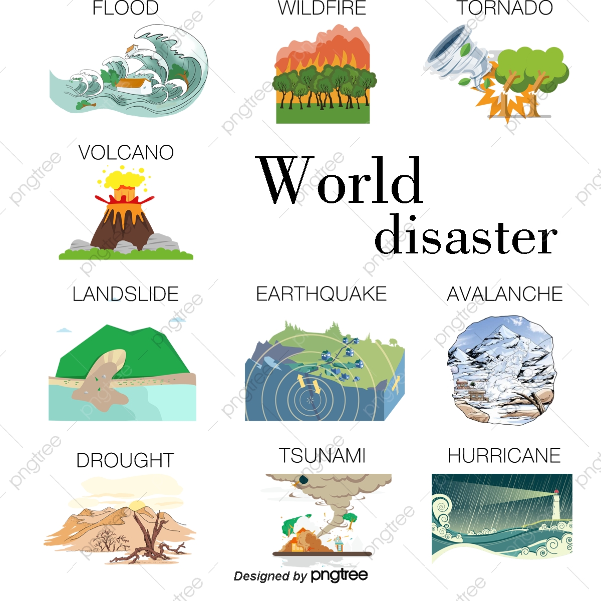 1200x1200 World Natural Disasters Icon Collection, Decoration, Vector