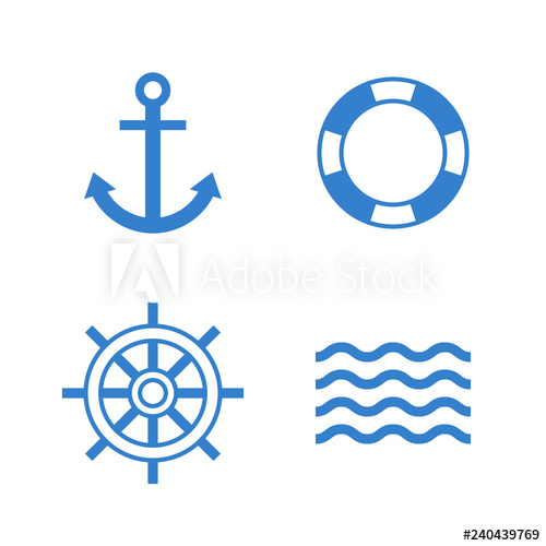 500x500 Nautical Icons Anchor, Lifebuoy, Ship Steering Wheel, Waves