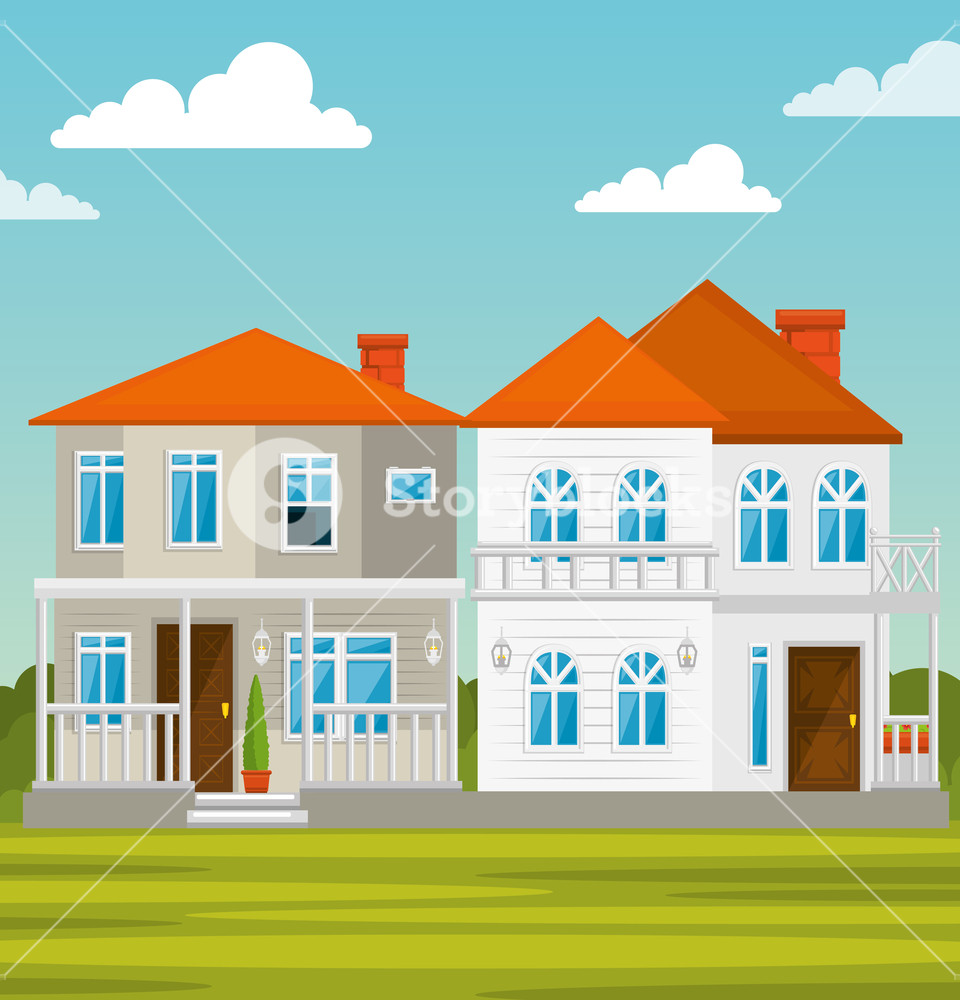 960x1000 Colorful Houses In Neighborhood Icon Vector Illustration Graphic