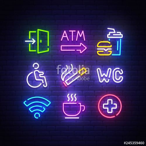 500x500 Neon Sign Icon Set, Bright Signboard, Light Banner Neon Icon