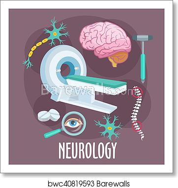 362x382 Neurology Flat Symbol With Brain Research Icons, Art Print