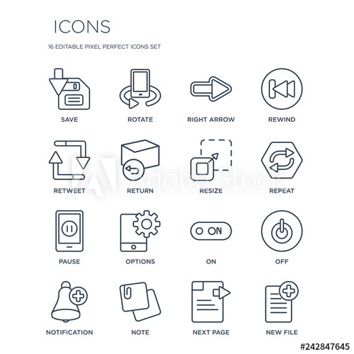 500x500 Linear Icons Such As Save, Rotate, Note, Notification, Off, New