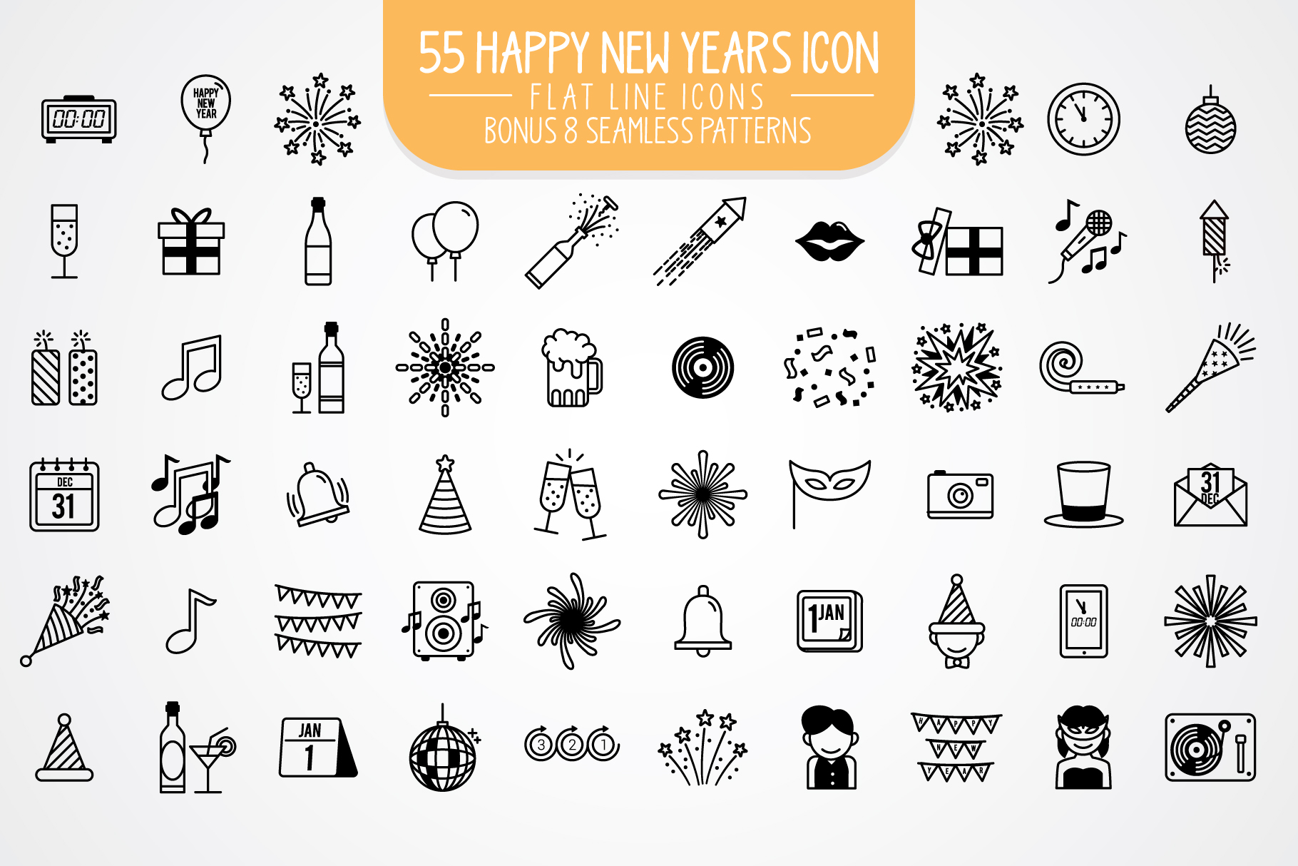 1820x1214 Happy New Year Flat Line Icons Graphic