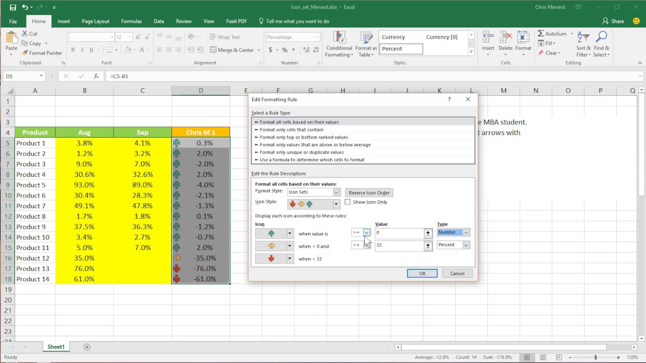 1280x720 Use Two Arrow Icon Set With Conditional Formatting In Excel