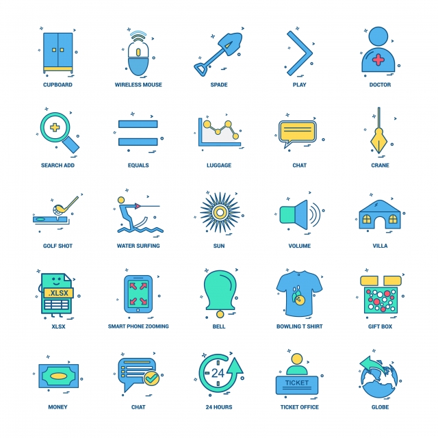 640x640 Business Concept Mix Flat Color Icon Set, Hours, Bowling T