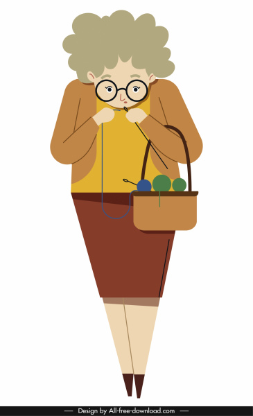 365x600 Old Woman Icon Knitting Job Sketch Cartoon Character Free Vector