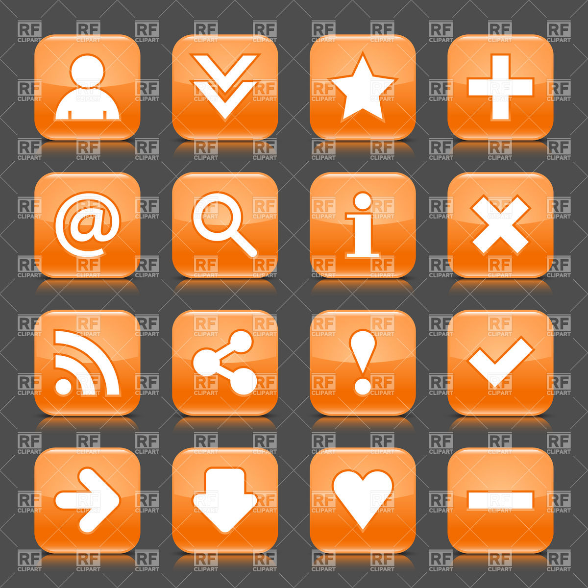 1200x1200 Glossy Square Orange Button With Simple Icons Vector Image