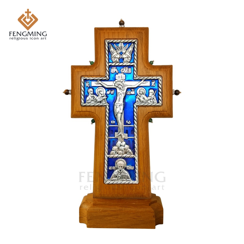 800x800 Hot Sale Orthodox Cross Christian Metal Crucifix On Oak Wood