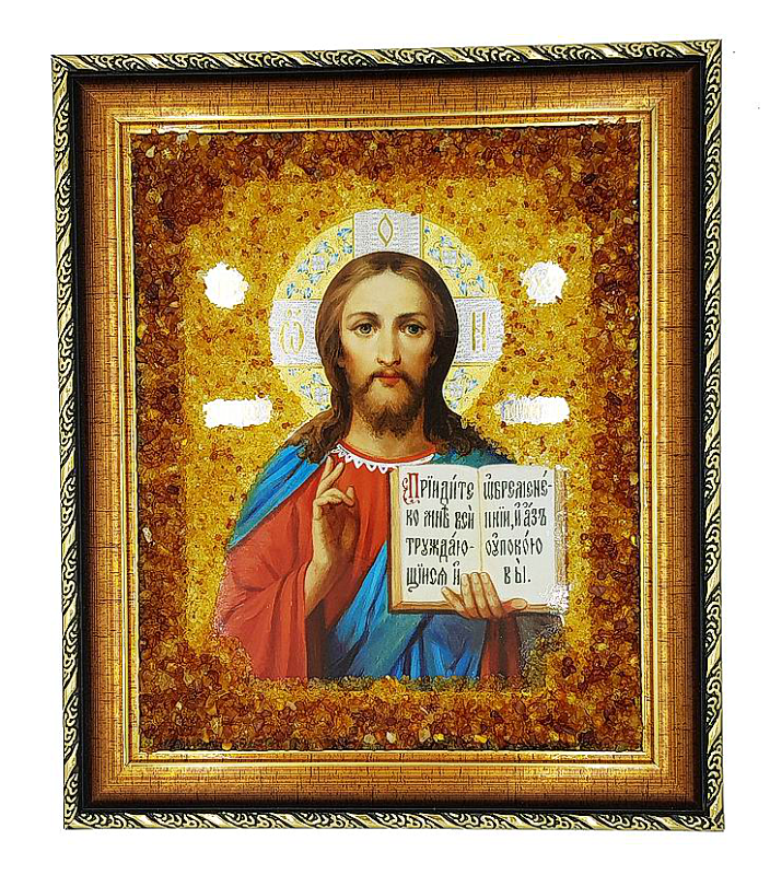 704x800 Orthodox Icon Jesus Christ Decorated With Natural Amber