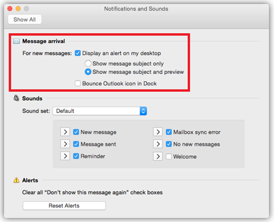 542x438 Outlook For Mac For Office New Email Notification Options