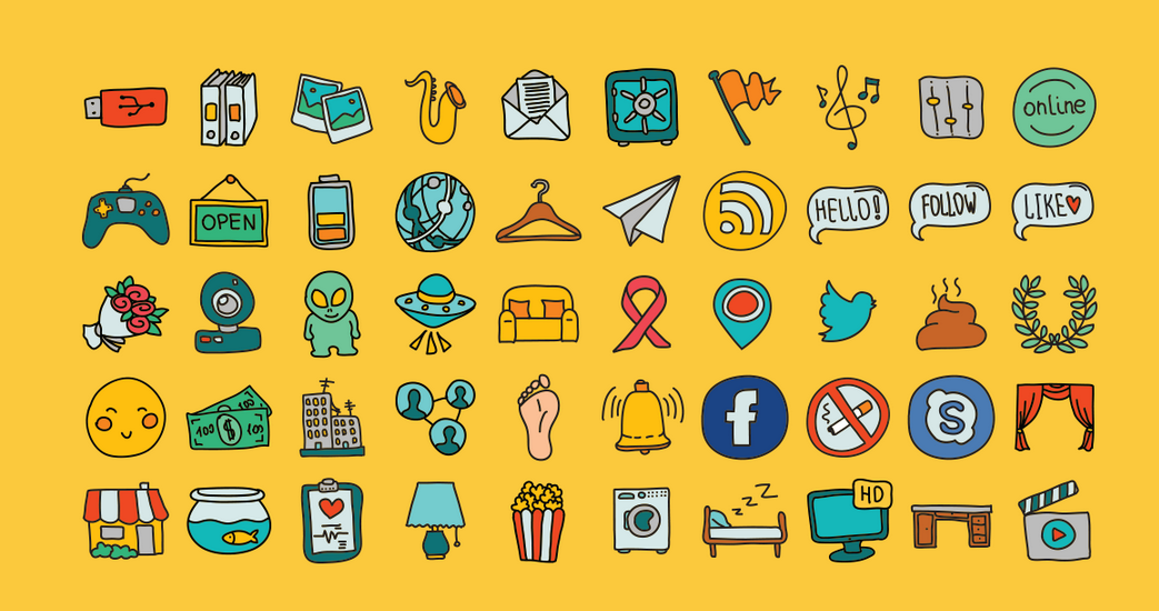 1043x550 Free Hand Drawn Doodle Icon Set