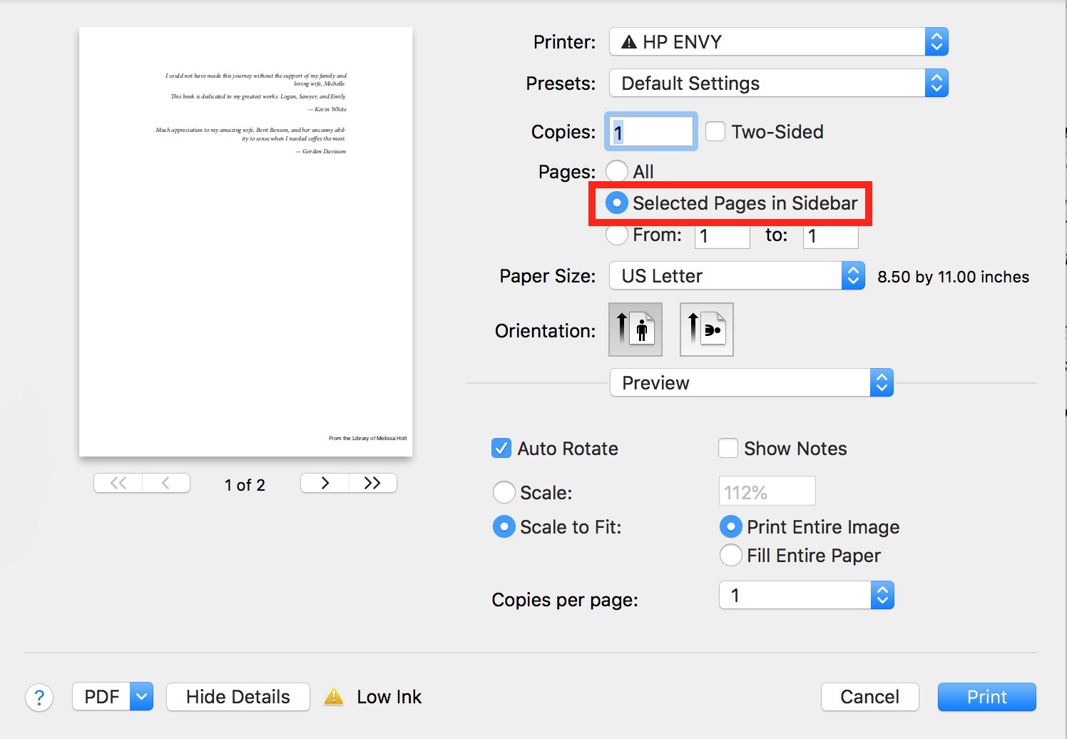 print selection mac email